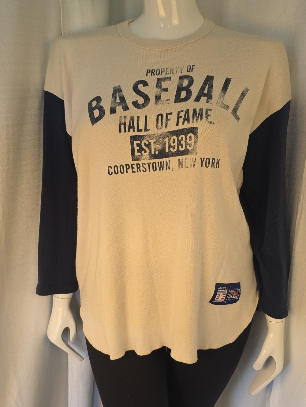 Baseball Hall of Fame 100% Cotton Long Sleeve Cream & Navy Pullover Size XL